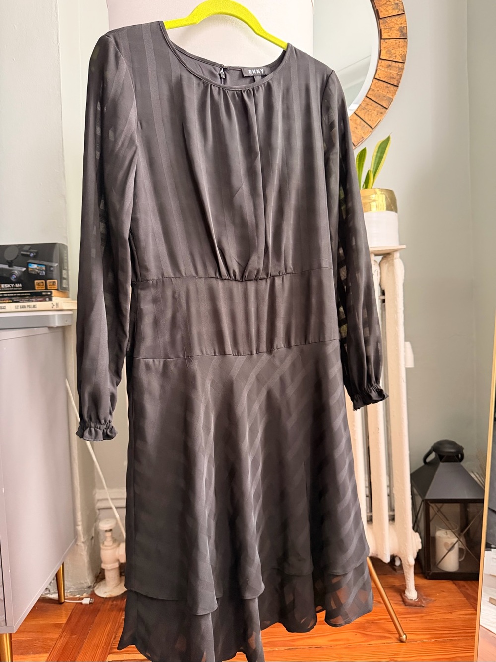 DKNY Charcoal Black Long-Sleeve Layered Midi Dress